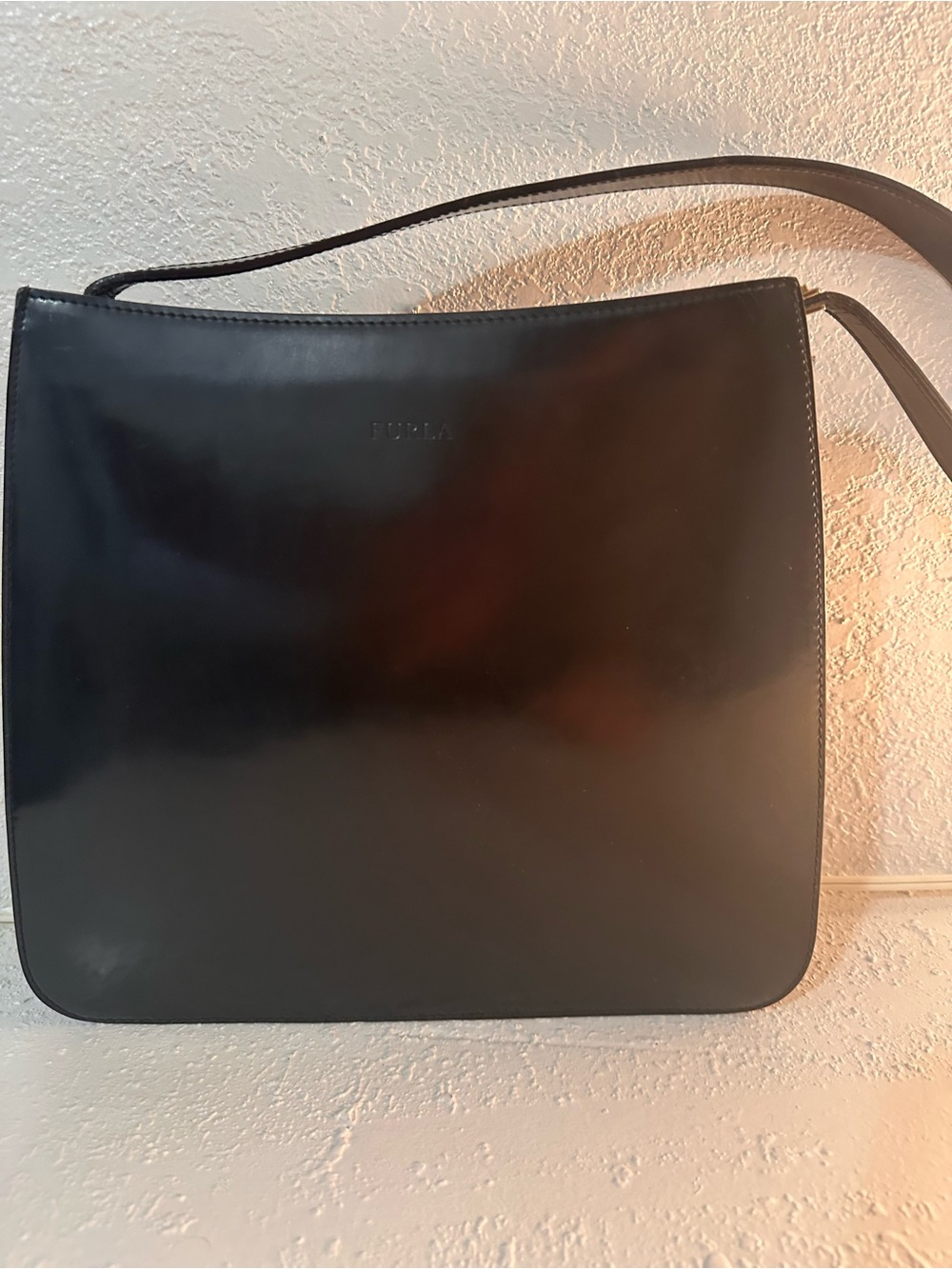 Furla Smooth Black Leather Sleek Slim Sexy Vintage Shoulder Bag